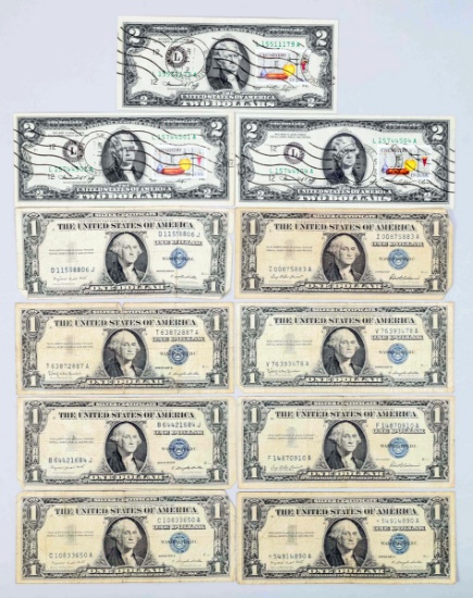 8 Blue Seal Silver Certificates & 3  $2 Notes