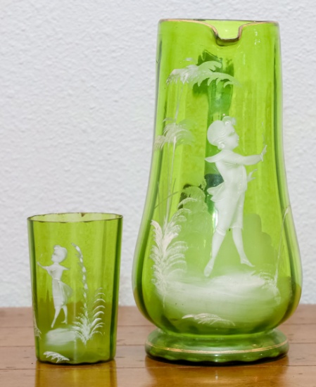 Mary Gregory Style Green Glass Pitcher & Tumbler w/ Decoration