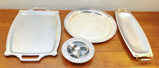 Silver Plate Trays, Pewter Wine Coaster & Napkin Rings