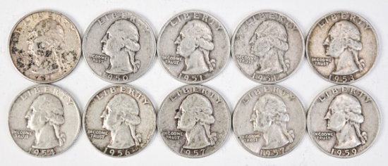 10 Washington Silver Quarters: Various Dates/Mints