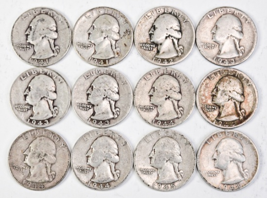 12 Washington Silver Quarters: Various Dates/Mints