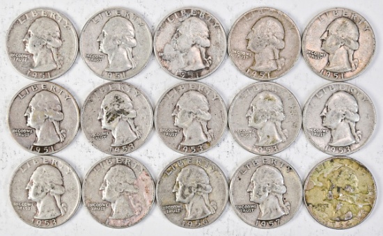 15 Washington Silver Quarters: Various Dates/Mints