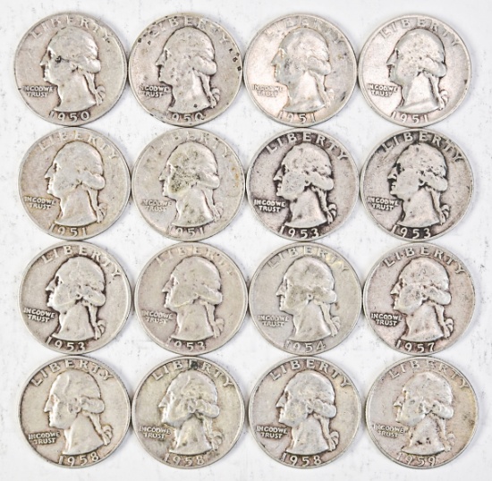 16 Washington Silver Quarters: Various Dates/Mints
