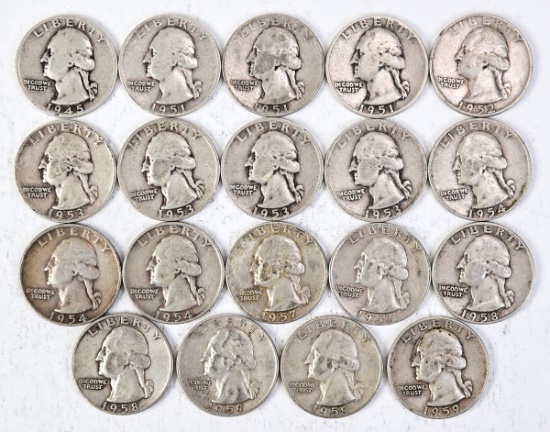 19 Washington Silver Quarters: Various Dates/Mints