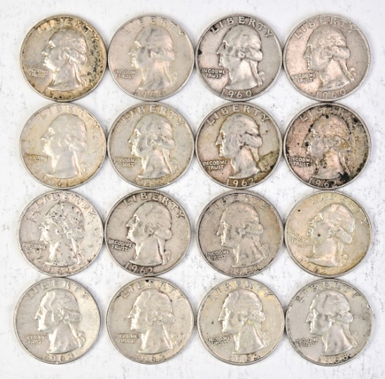 16 Washington Silver Quarters: Various Dates/Mints