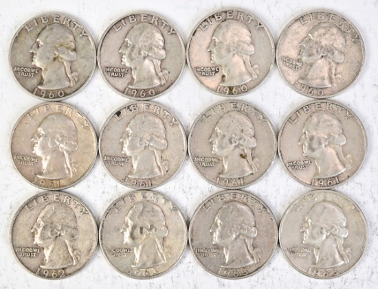 12 Washington Silver Quarters: Various Dates/Mints