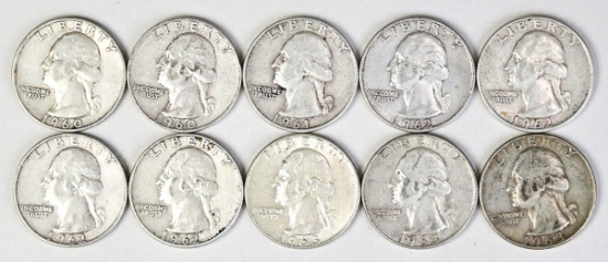 10 Washington Silver Quarters: Various Dates/Mints