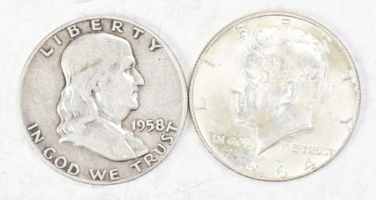 1958D Franklin Half Dollar & 1964P Kennedy Half Dollar