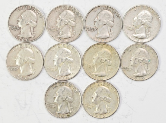 10 Washington Silver Quarters