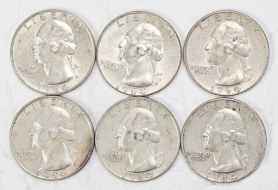 6 1964D Washington Silver Quarters