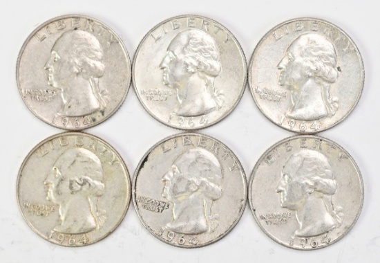 6 1964D Washington Silver Quarters