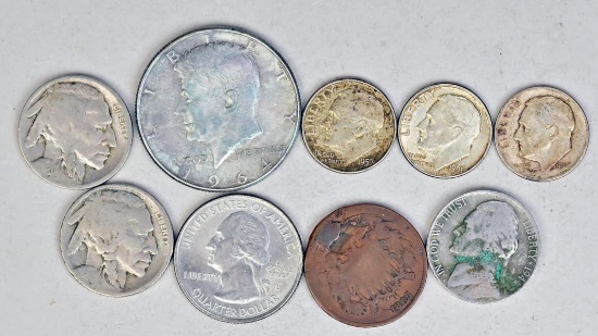 Kennedy Half, Silver Dimes, 2 Cent & Buffalo Nickels
