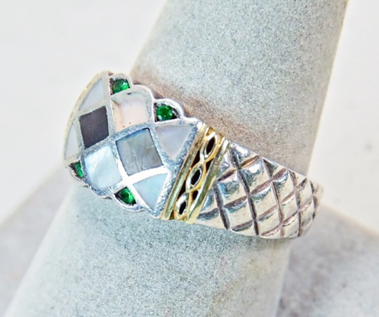 Multi Stone Silver Ring w/ Gold Accents,  Sz. 9