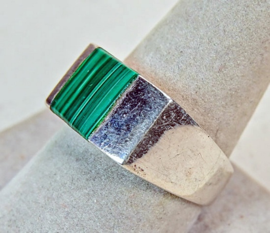 Silver Ring w/ Green Malachite Stone, Sz. 11