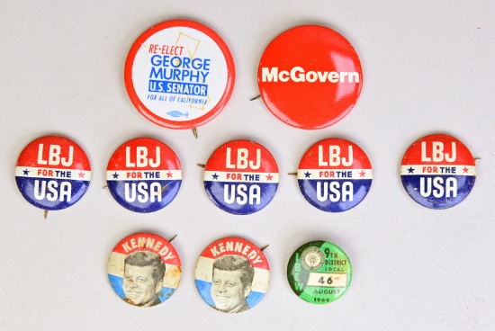 Political Pinbacks: Kennedy, Johnson, McGovern, More; Ca. 1960's - 1970's