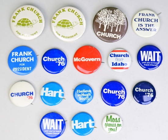 Political Pinbacks: Church, McGovern, Hart, Moss; Ca. 1970's - 1980's