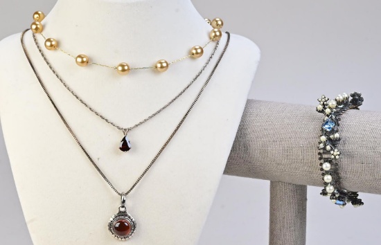 Silver Chains w/ Pendants, Beaded Necklace & Bracelet