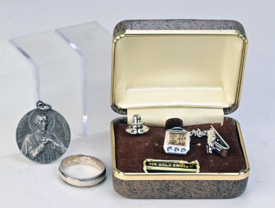Sterling Ring, Religious Medal & Service Tie Pin - Clip
