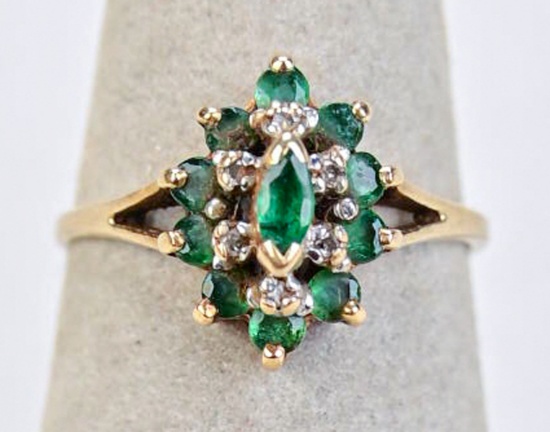 Gold Colored Ring w/ Emerald Stones, Size 6
