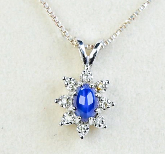 Silver Colored Pendant w/ Sapphire Stone, .925 Chain
