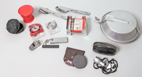 Boy Scout Stove, Cup, Whistle, Mess Kit, Knife Stone & Monocular, Compasses