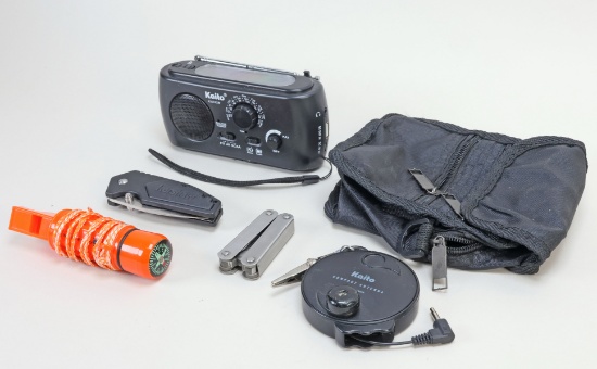 Kaito Emergency Radio, Antenna, Whistle - Compass, Multi-Tool & Folding Knife