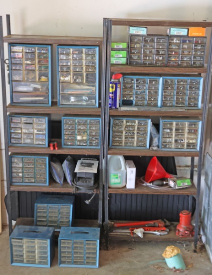 Shelf Unit w/ Containers:  Fasteners, Pipe Wrenches, Tire Compressor & More