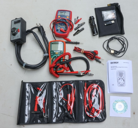 Assorted Electrical Testing Meters, Connectors & Variable Voltage