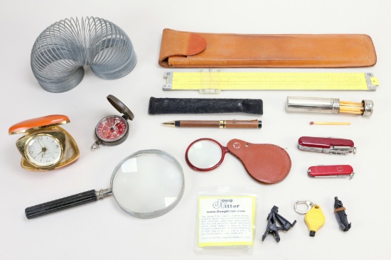 Slinky, Slide Rule, Compass, Magnifiers, Match Safe, Knives & More