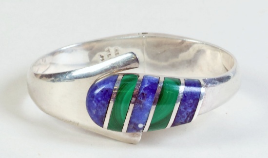 Silver Cuff Bracelet w/ Green & Blue Inlays, 60.2 Grams