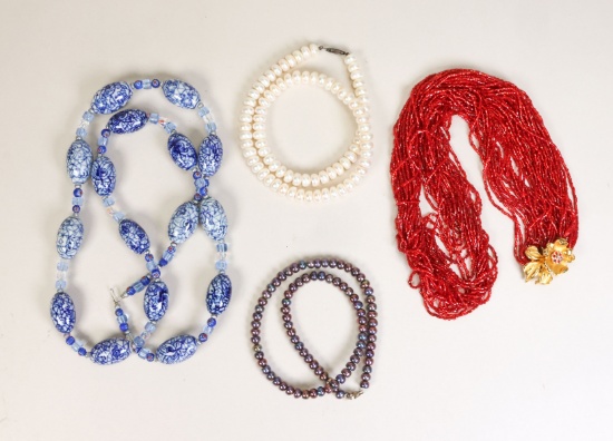 4 Necklaces - Murano/Millefiori, Cultured Pearls