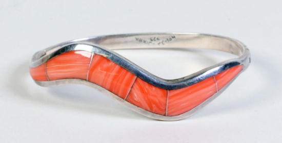 Silver Bracelet w/ Coral Colored Inlays, 32.8 Grams