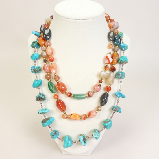 Turquoise Nugget & Shell  Necklace & Polished Stone - Polished Agate Bead Necklace