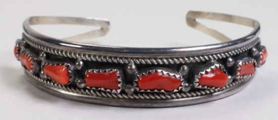Native American Style Red Coral Sterling Cuff Bracklet