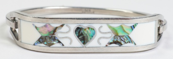 Vintage Mexico Sterling. 925 Abalone Inlay Hinged Bracelet