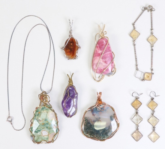 Silver Necklace w/Green Agate Pendant, 4 Wire Wrapped Pendants & More