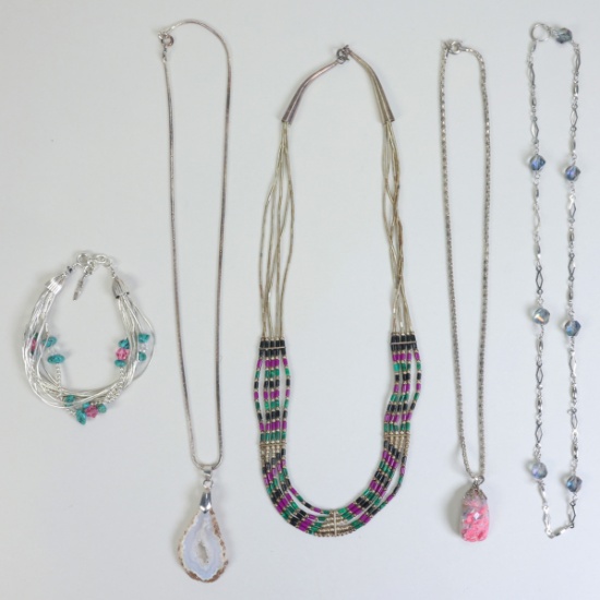 Vintage Liquid Silver Green/Purple Necklace, Sterling Bracelet & 3 Unmarked Necklaces
