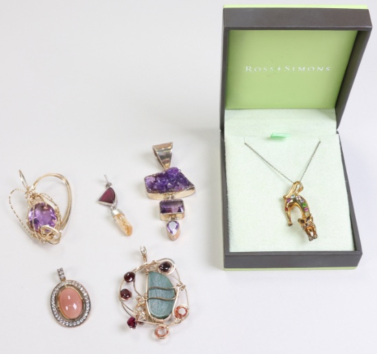 Silver Ross & Simons Cat Necklace & 5 Polished Stone Pendants
