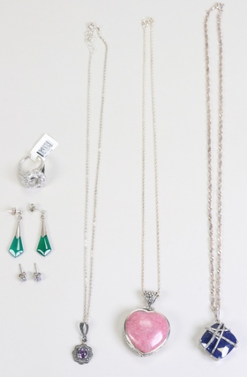 3 - 925 Necklaces w/Pendants, 925 Ring & 2 Pair Unmarked Earrings