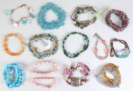 14 Semi-Precious Stone, Glass & Other Bead Bracelets