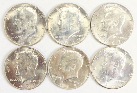 6 Kennedy Half Dollars (1964,1965, 4-1967)