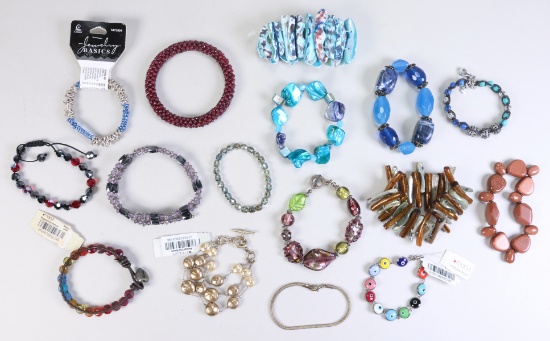 16 Contemporary Glass, Shell & Other Bead Bracelets Include Sterling Silver