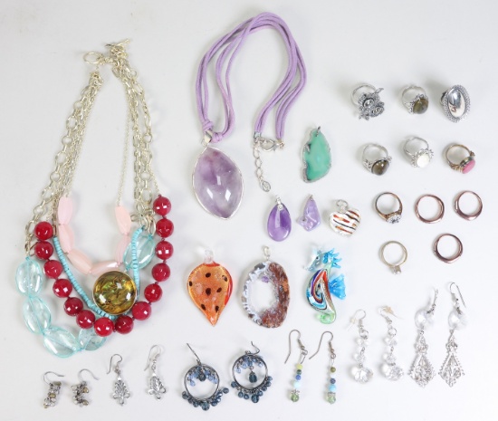 Contemporary Jewelry: 2 Semi-Precious, Glass & Faux Stone Necklaces, 7 Pendants & More