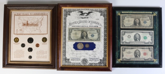 3 Frames Of Collectible Coins & Currency