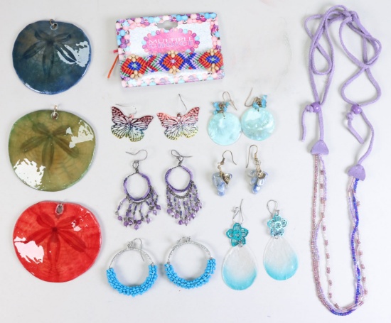 Contemporary Jewelry Bundle - 3 Sand Dollar Pendants, 5 Pairs of Earrings; Braclet & Necklace