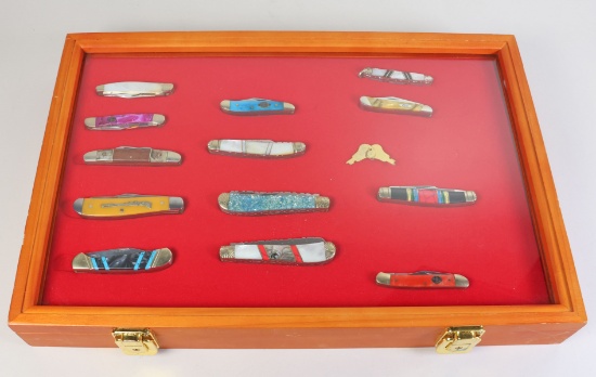13 Pocket Knives w/ Display Case