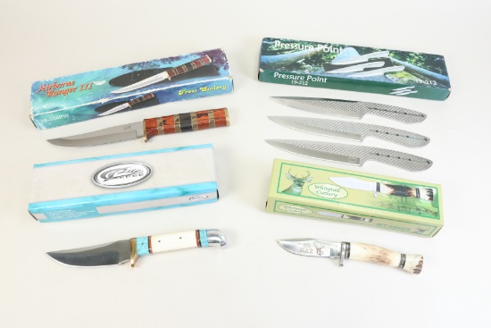 4 knives: Frost Cutlery, Rite Edge, Pressure Point, Whitetail Cutlery