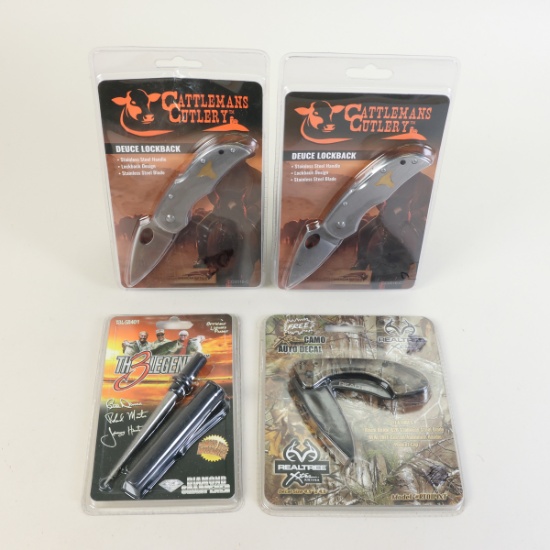 3 Foldable Knives: Cattleman's Cutlery, Realtree Xtra, 1 Th3 Legend Sharpener