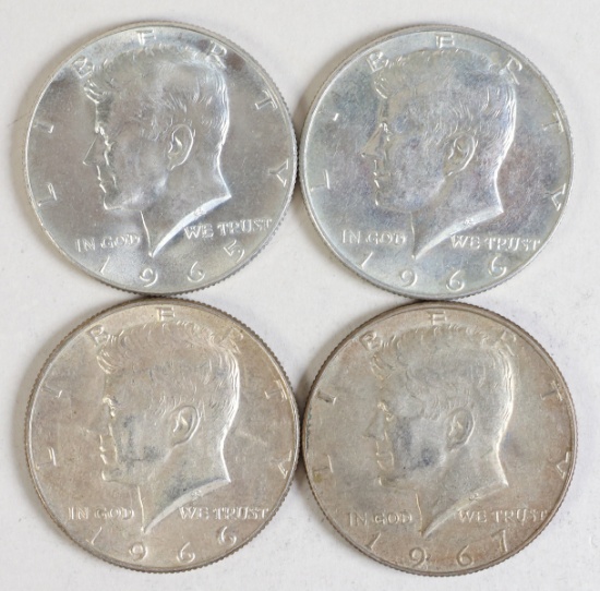 4  Kennedy  & Silver Half Dollars; 1965,2-1966 & 1967