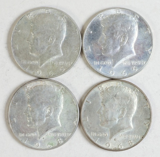 4  Kennedy & Silver Half Dollars; 1965, 1966 & 2-1968